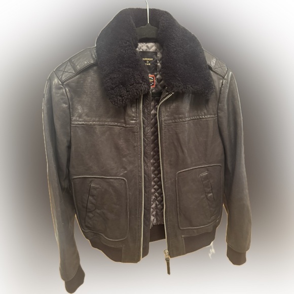 Superdry Black Leather Aviation Jacket - Picture 1 of 6